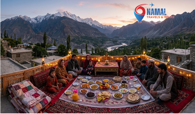 Hunza Valley sunset with a table of dates, fruits, traditional Hunza dishes, Rakaposhi mountain, and Hunza Fort in the background.