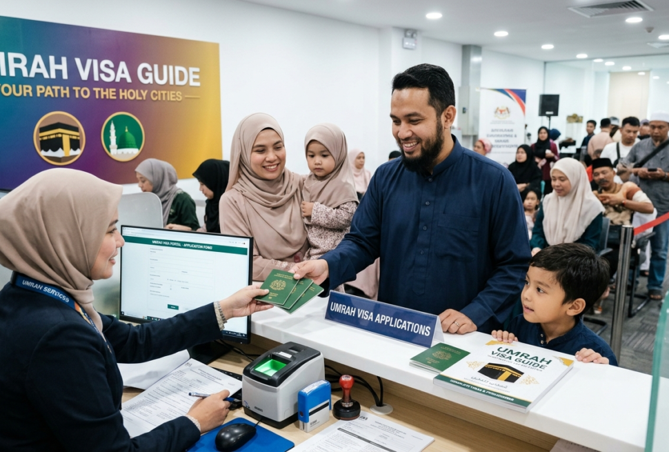 Family applying for Umrah visa at travel agency counter with staff assistance and biometric verification process