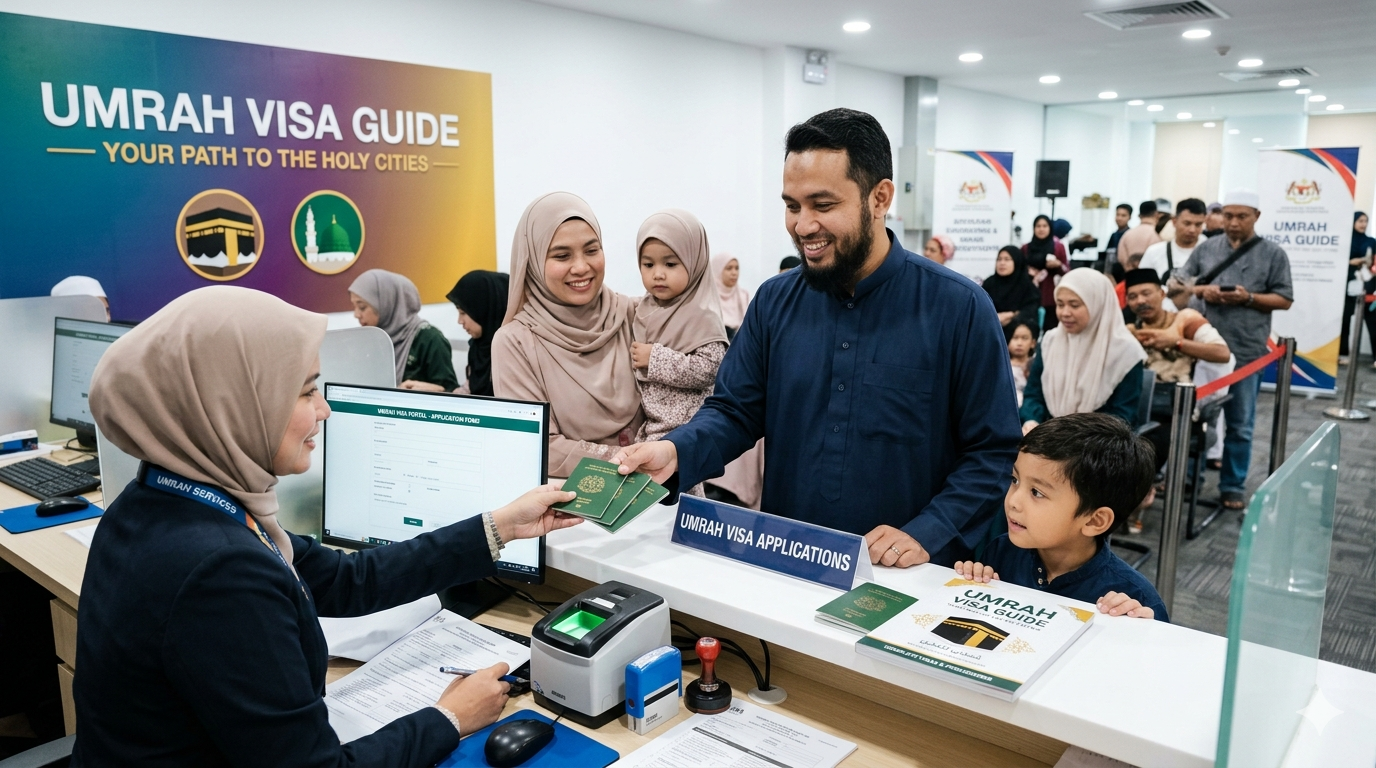 Family applying for Umrah visa at travel agency counter with staff assistance and biometric verification process