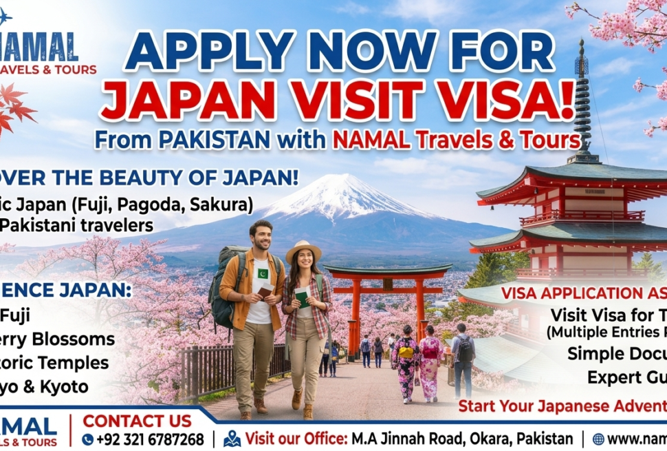 Japan visit visa guide for Pakistani travelers featuring Mount Fuji, Japanese temple, and Namal Travels & Tours.