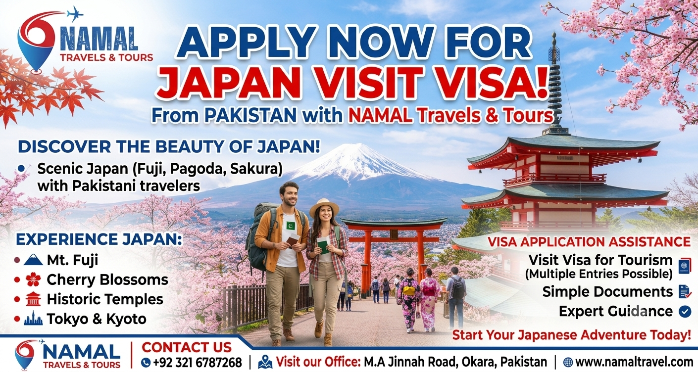 Japan visit visa guide for Pakistani travelers featuring Mount Fuji, Japanese temple, and Namal Travels & Tours.