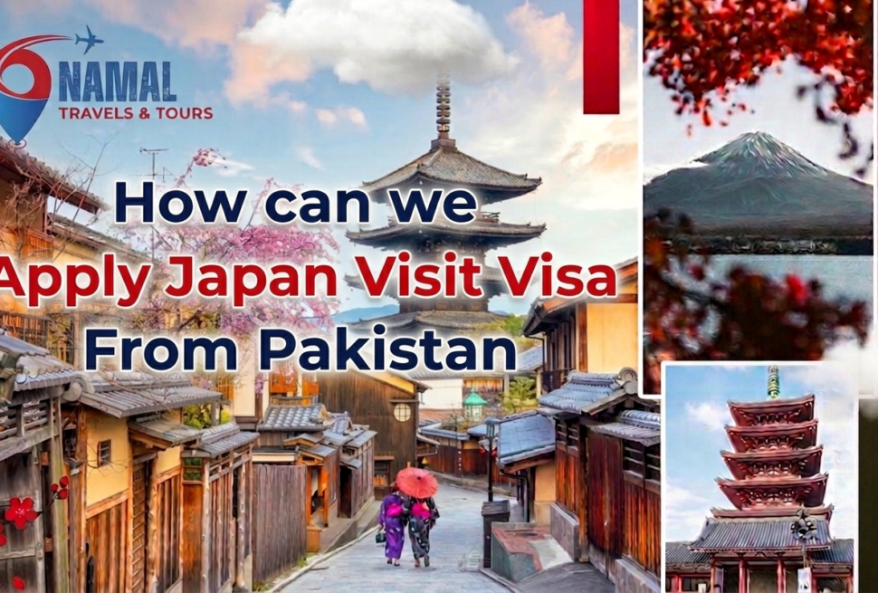 Japan visit visa guide for Pakistani travelers featuring Mount Fuji, Japanese temple, and Namal Travels & Tours.