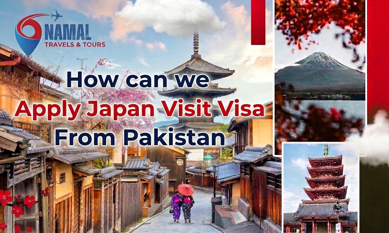 Japan visit visa guide for Pakistani travelers featuring Mount Fuji, Japanese temple, and Namal Travels & Tours.